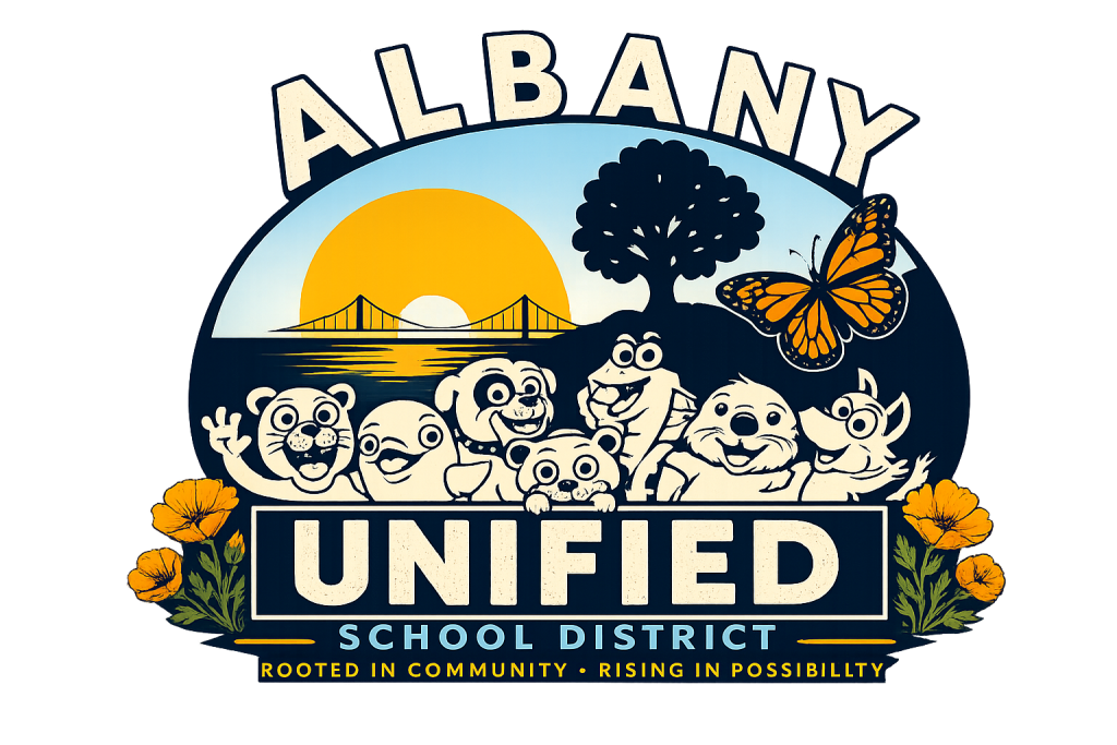A colorful logo for the Albany Unified School District featuring a sunrise, cartoon animals, a bridge, a butterfly, and flowers.